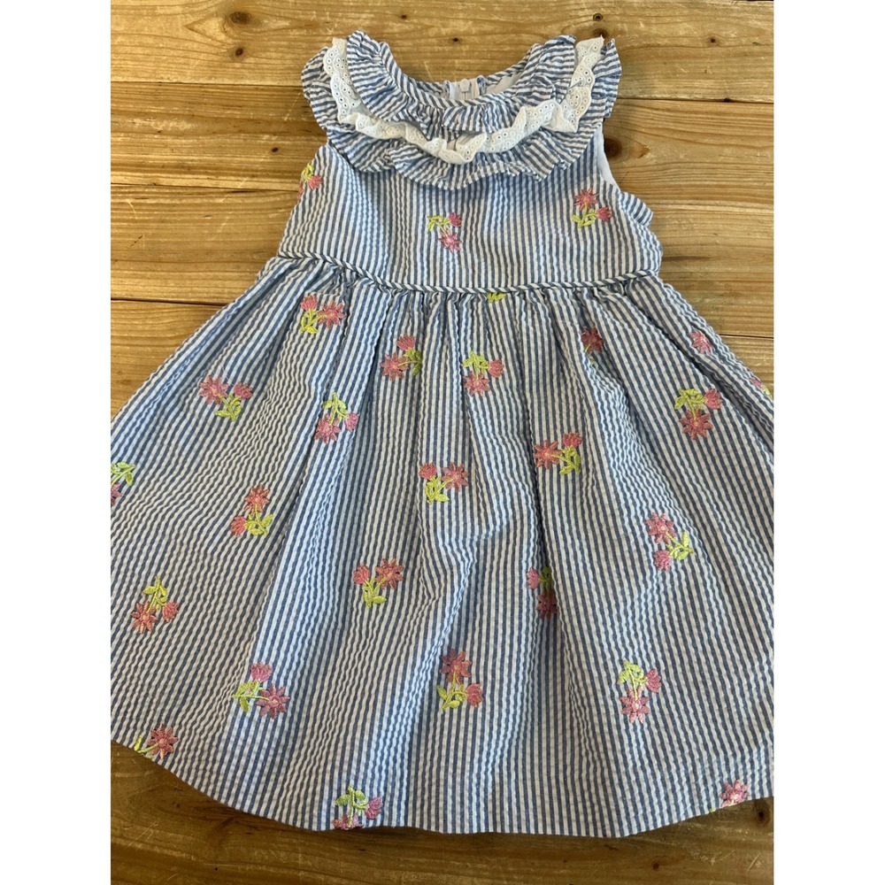 Iris & Ivy‎ Baby Girls Seersucker Floral Embroidered Dress Blue White 24M